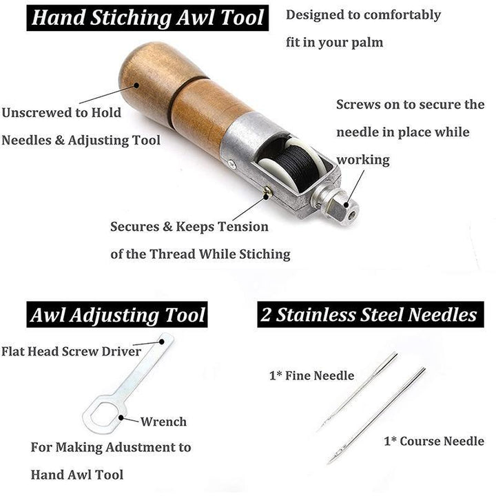 Hand Sewing Awl Kit with Stainless Steel Needles and Waxed Thread