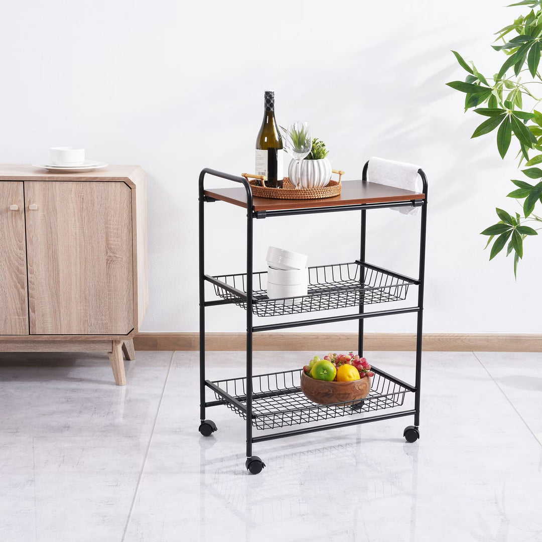 3 Tier Wooden Black Metal Kitchen Cart With Wheels - Lenila
