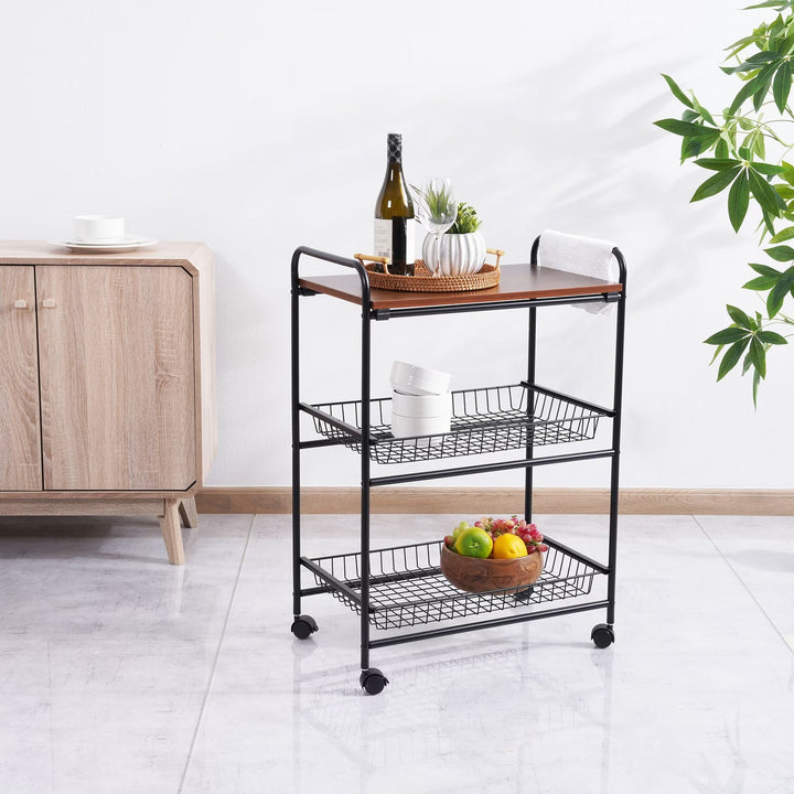 3 Tier Wooden Black Metal Kitchen Cart With Wheels - Lenila