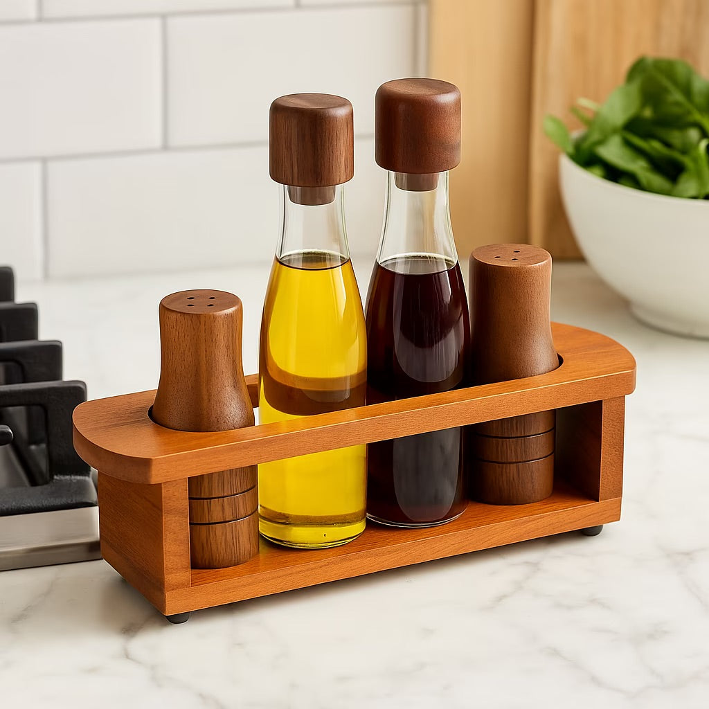 Glass Acacia Wood Cruet Set Oil Vinegar Dispenser 5 Piece