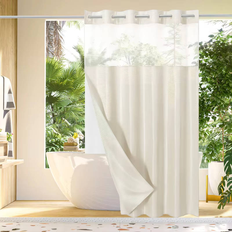 Waterproof Waffle Pattern Shower Curtain with Mesh Window Modern Style