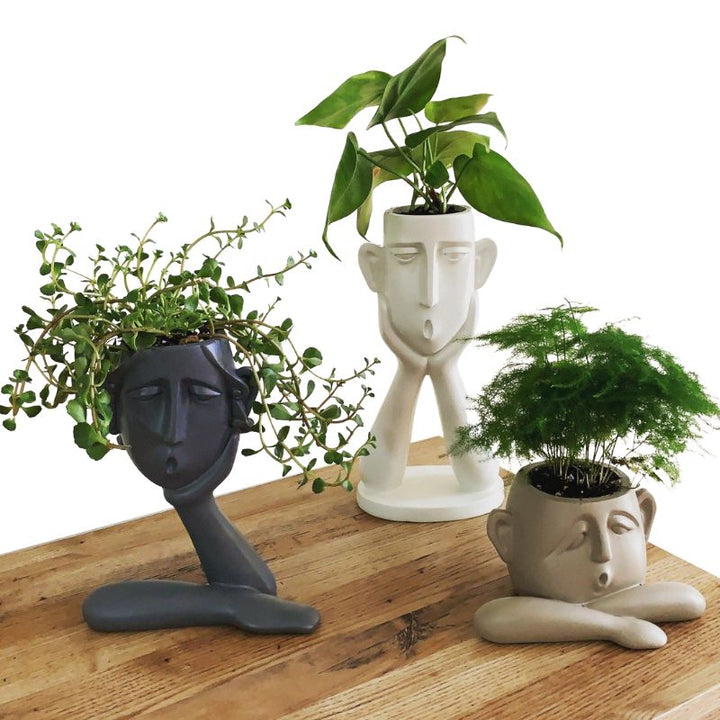 Decorative Ceramic Face Vase Set Textured Matte Finish Wide Opening