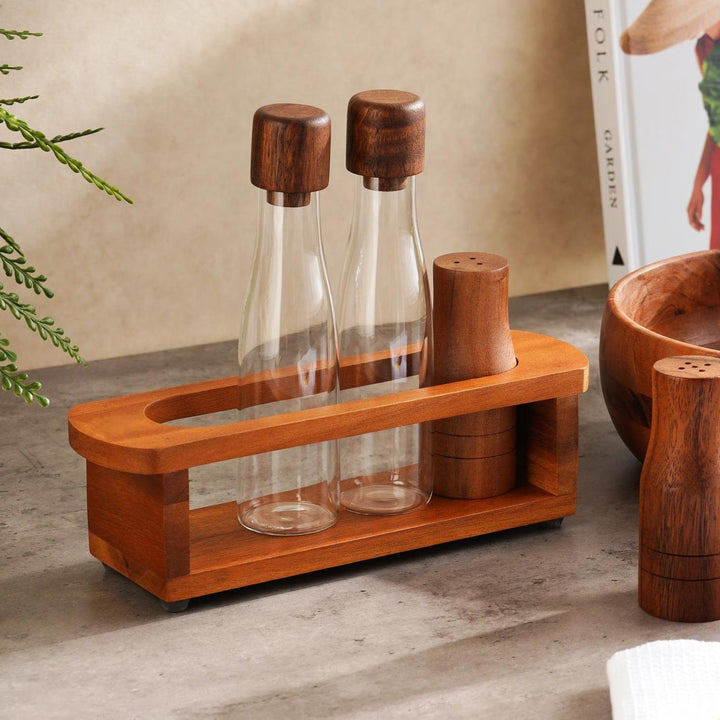 Glass Acacia Wood Cruet Set Oil Vinegar Dispenser 5 Piece