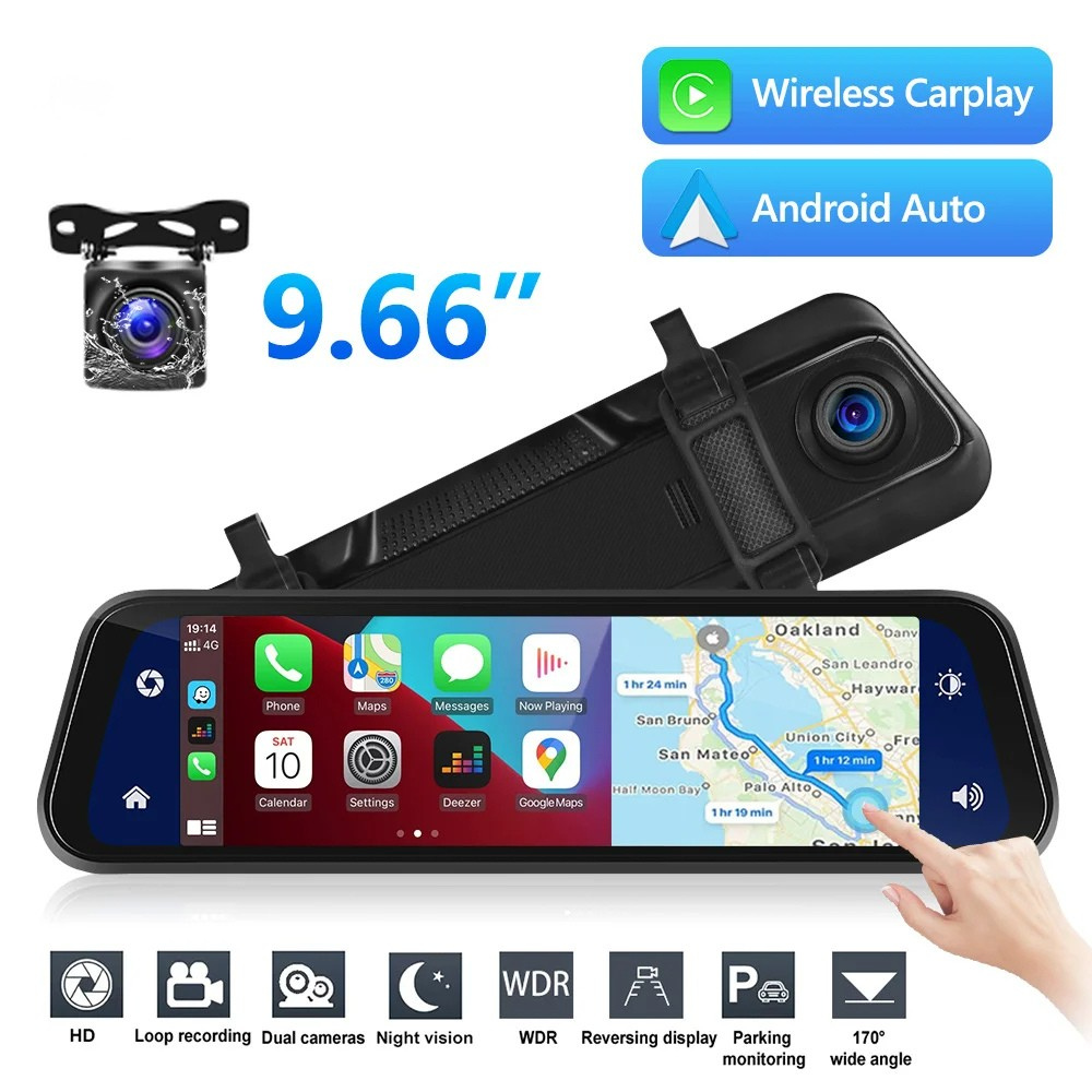 Car Dash Cam Mirror with Dual HD Recording GPS Tracking 9.66in