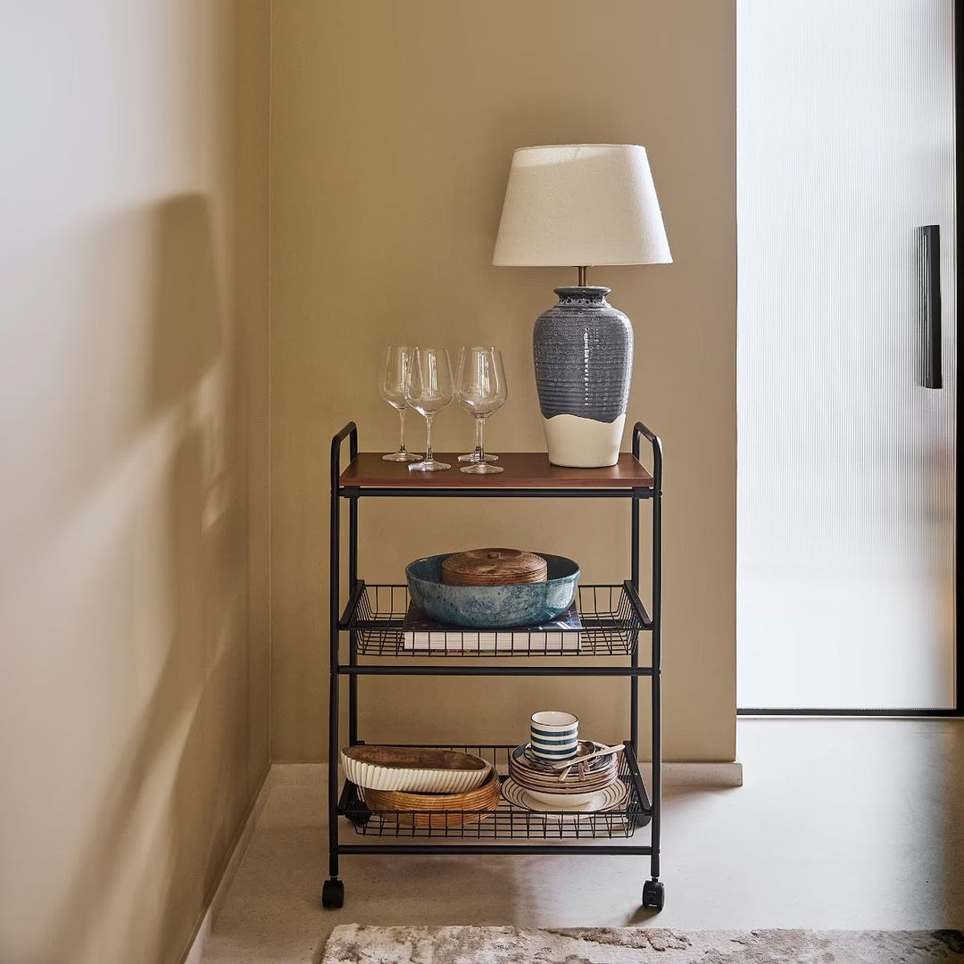 3 Tier Wooden Black Metal Kitchen Cart With Wheels