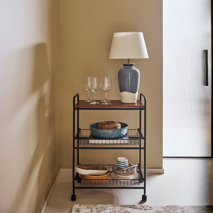 3 Tier Wooden Black Metal Kitchen Cart With Wheels