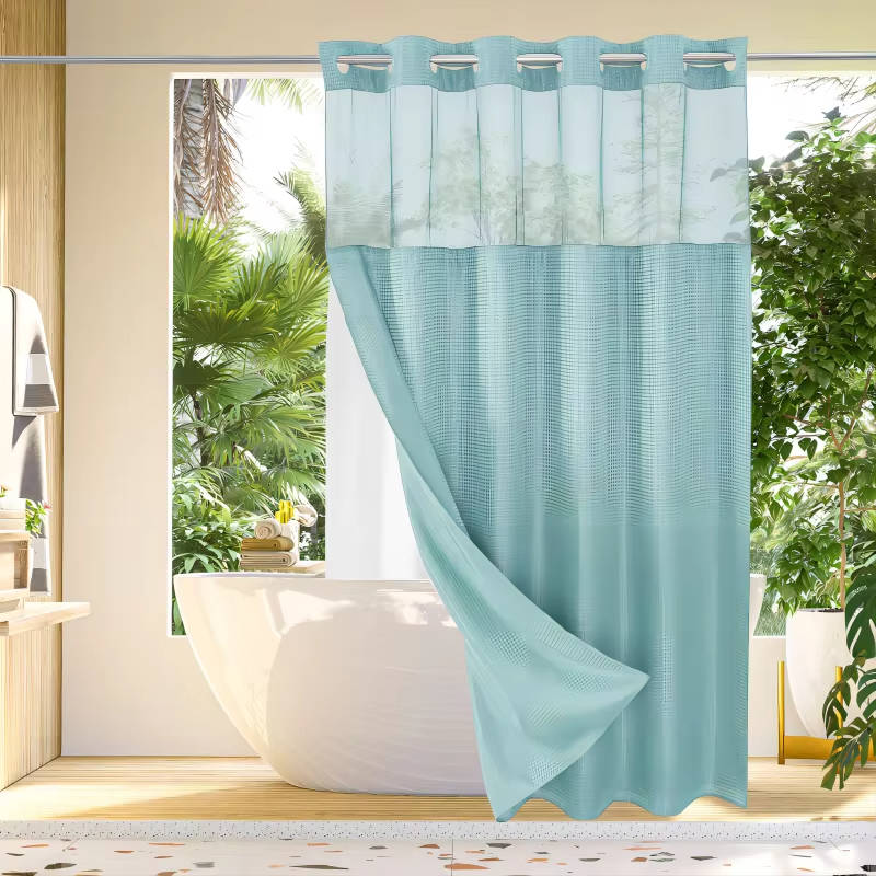 Waterproof Waffle Pattern Shower Curtain with Mesh Window Modern Style