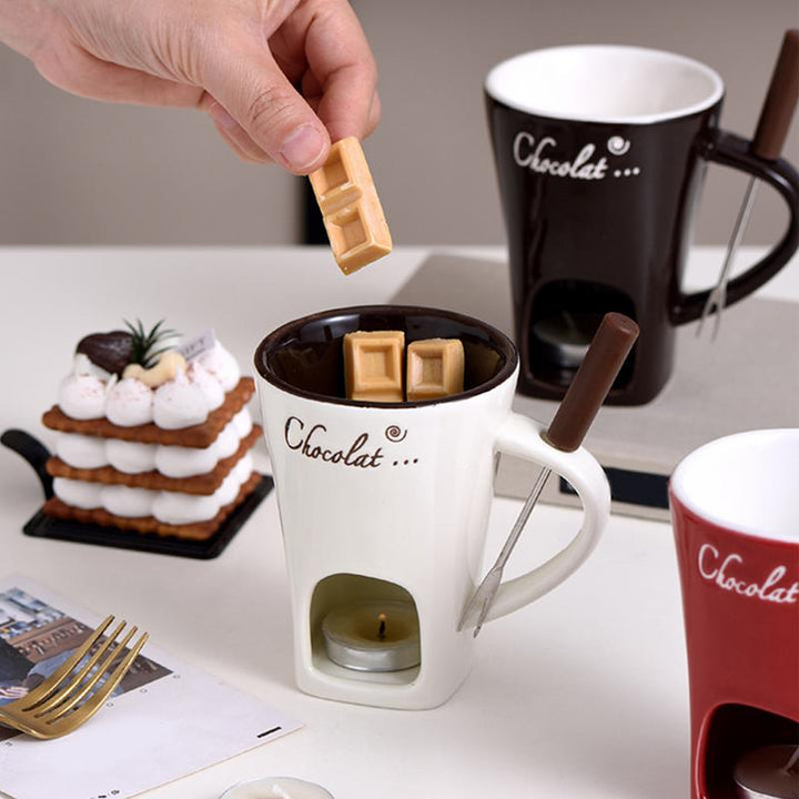 Ceramic Fondue Cup with Candle Base and Stainless Steel Fork - Lenila
