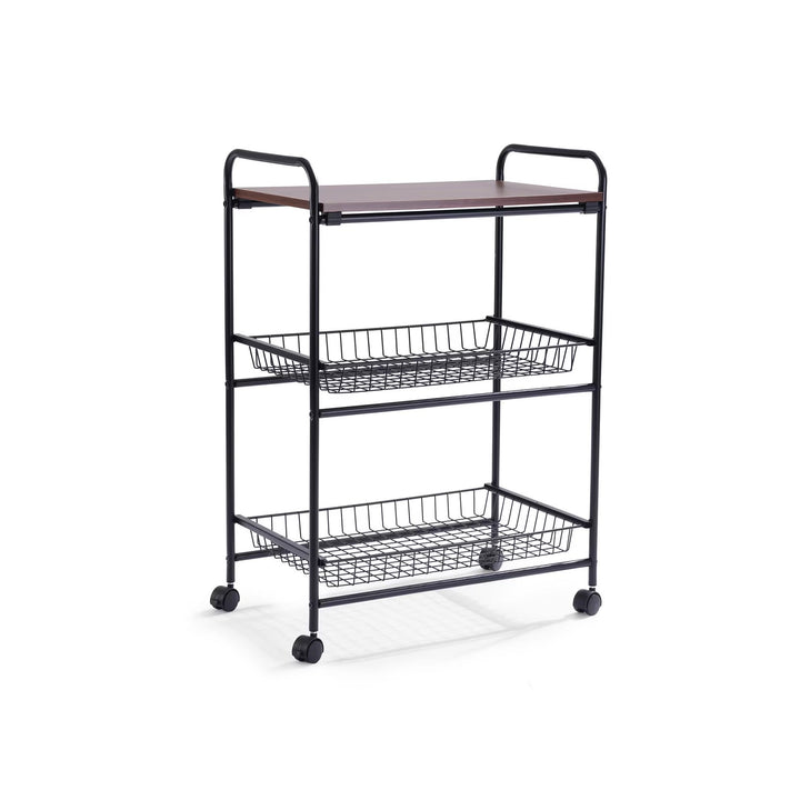 3 Tier Wooden Black Metal Kitchen Cart With Wheels