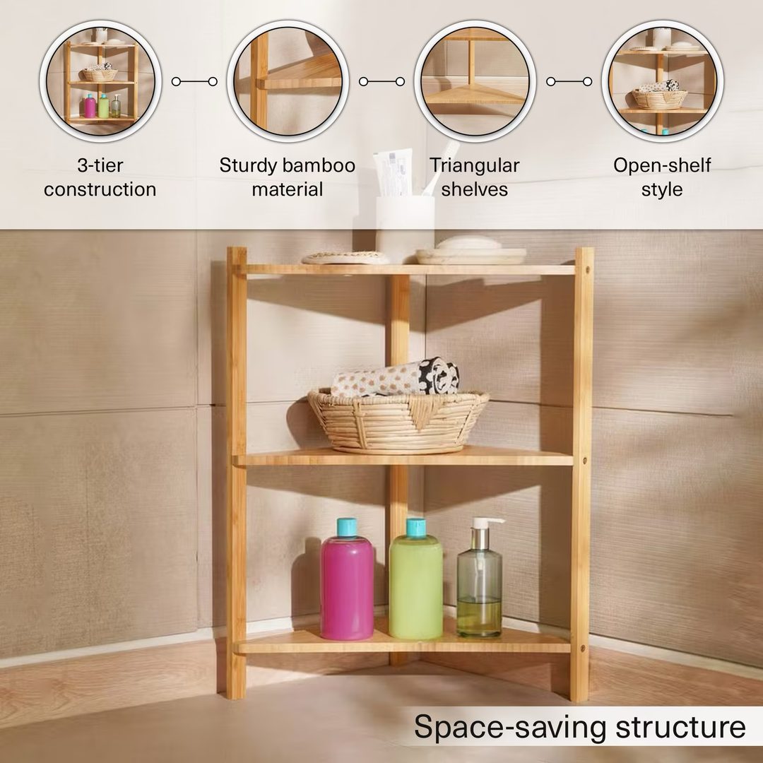 Bamboo Corner Shelf 3-Tier Space Saving Bathroom Organizer