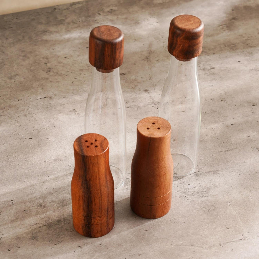 Glass Acacia Wood Cruet Set Oil Vinegar Dispenser 5 Piece