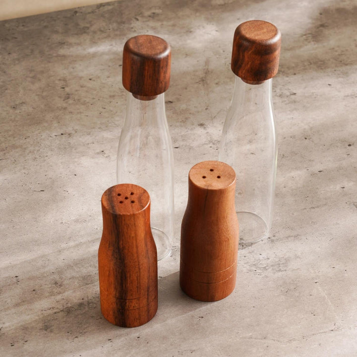 Glass Acacia Wood Cruet Set Oil Vinegar Dispenser 5 Piece