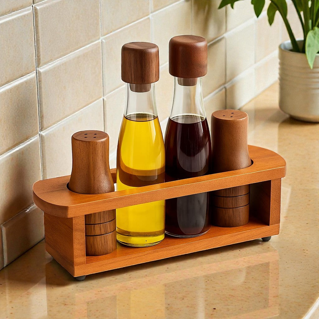 Glass Acacia Wood Cruet Set Oil Vinegar Dispenser 5 Piece - Lenila