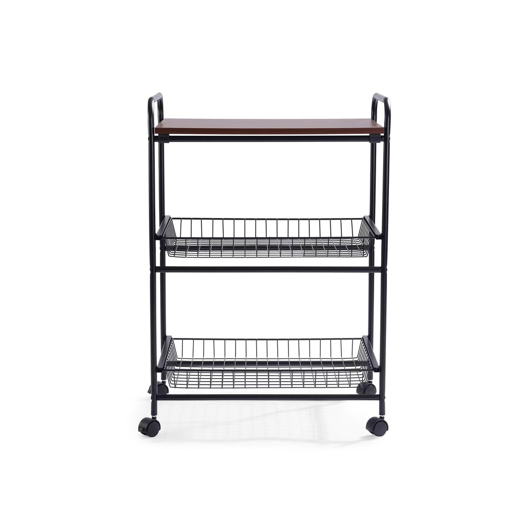 3 Tier Wooden Black Metal Kitchen Cart With Wheels
