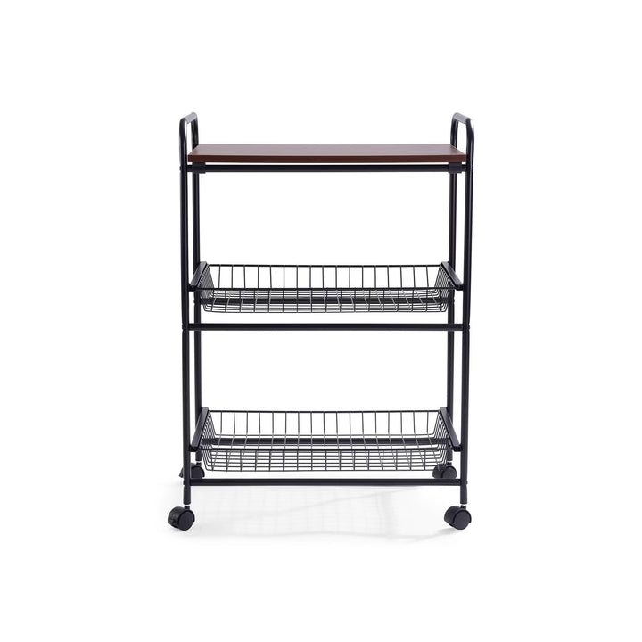 3 Tier Wooden Black Metal Kitchen Cart With Wheels