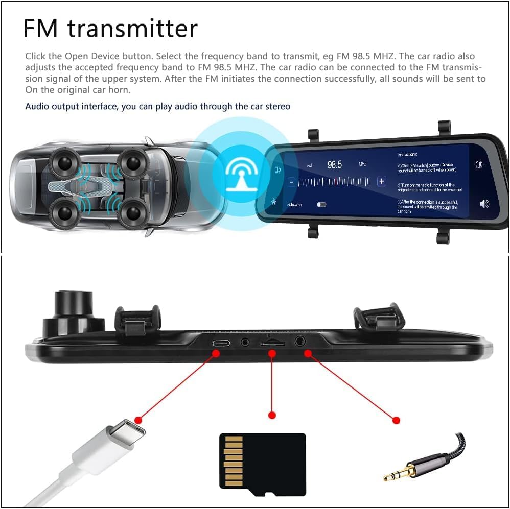 Car Dash Cam Mirror with Dual HD Recording GPS Tracking 9.66in