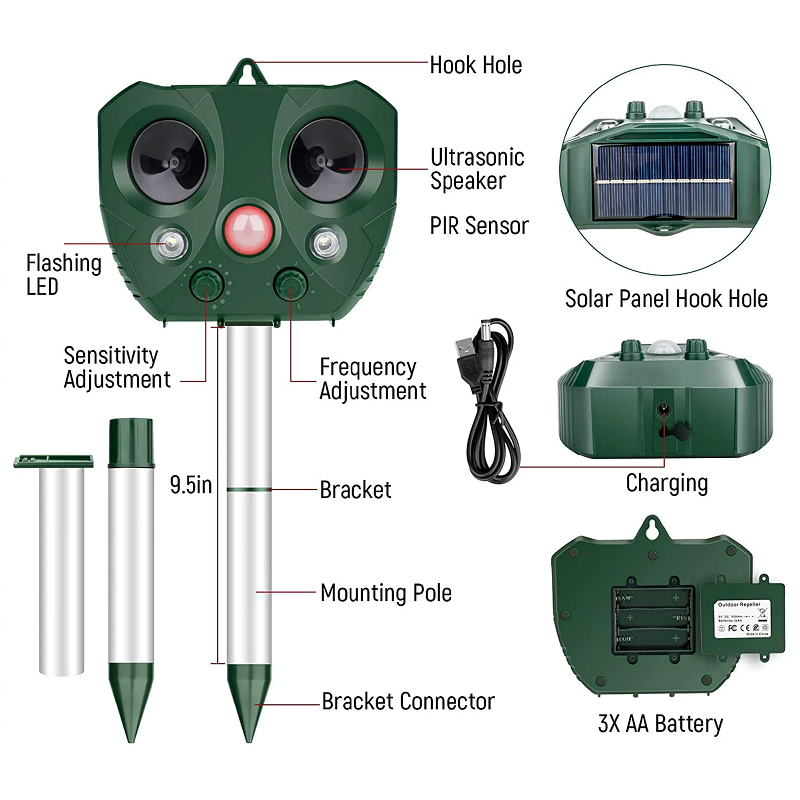 Solar Powered Ultrasonic Animal Repeller Waterproof IP44