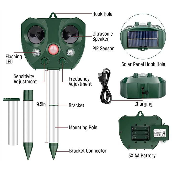 Solar Powered Ultrasonic Animal Repeller Waterproof IP44