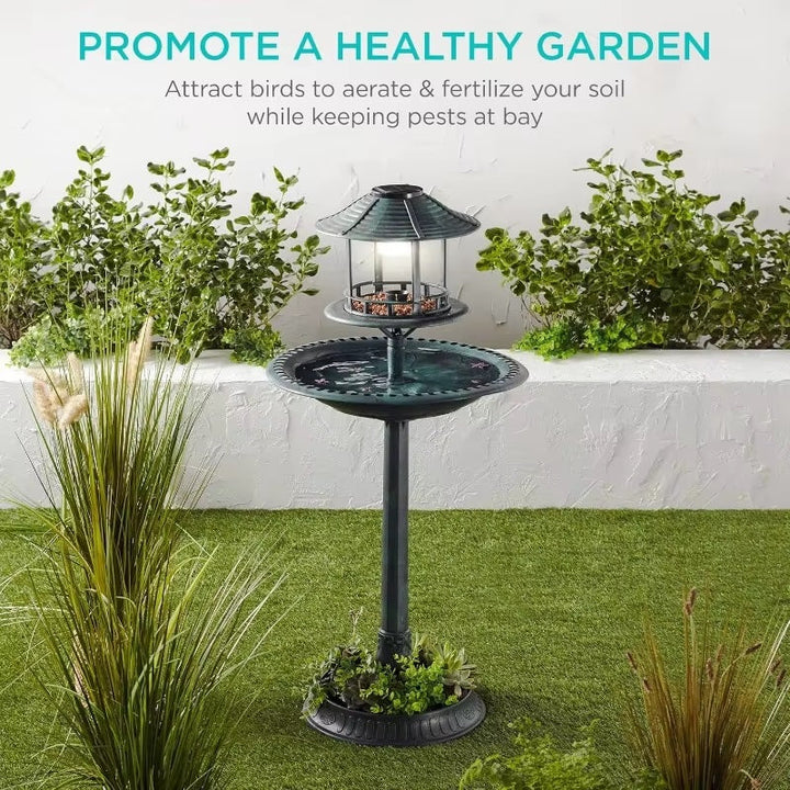 Outdoor Solar Bird Bath with Planter and LED Lamp on Stand