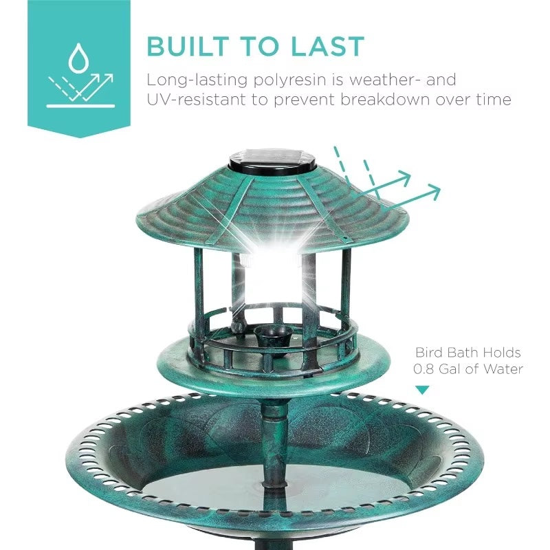 Outdoor Solar Bird Bath with Planter and LED Lamp on Stand
