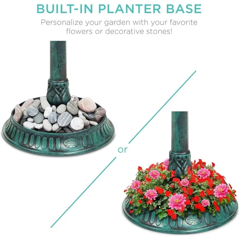 Outdoor Solar Bird Bath with Planter and LED Lamp on Stand
