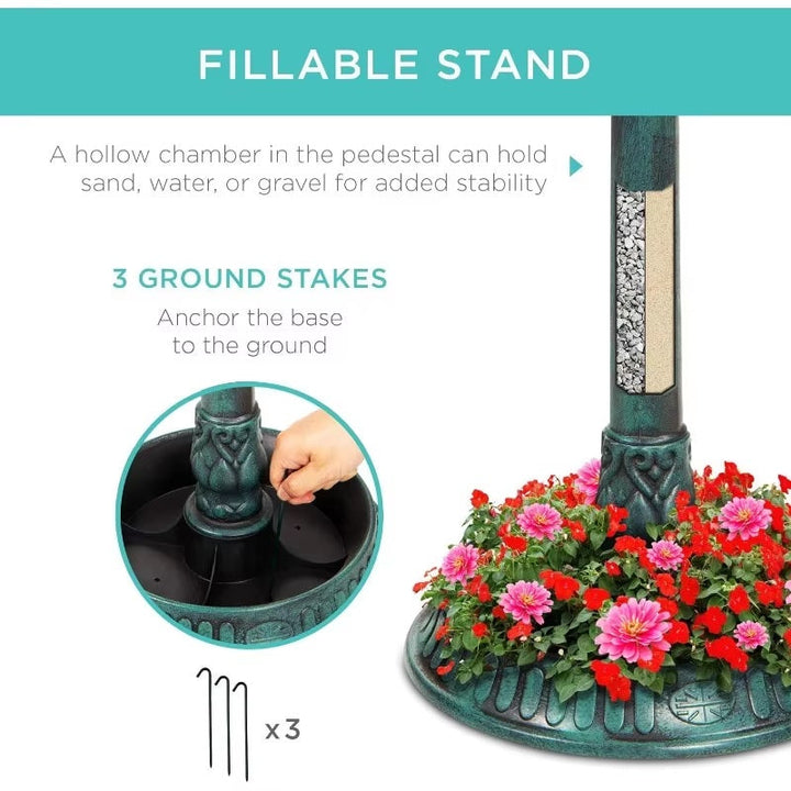 Outdoor Solar Bird Bath with Planter and LED Lamp on Stand