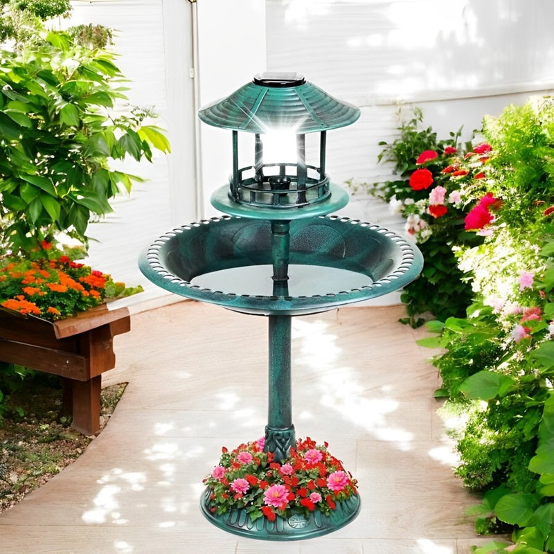 Outdoor Solar Bird Bath with Planter and LED Lamp on Stand - Lenila