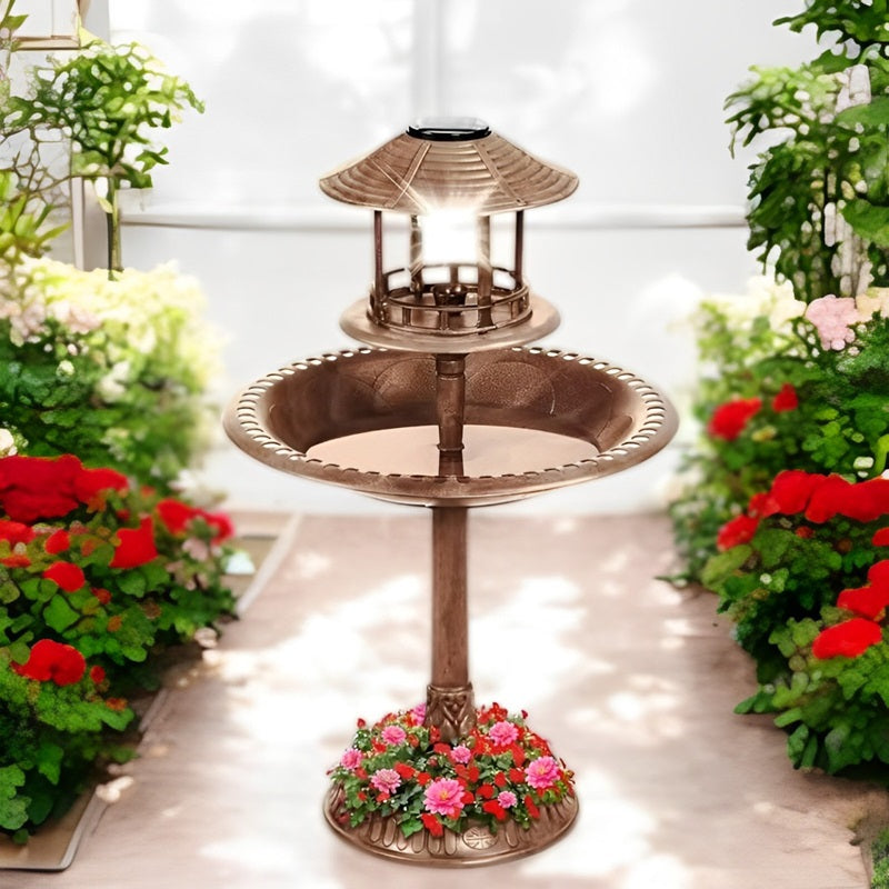 Outdoor Solar Bird Bath with Planter and LED Lamp on Stand