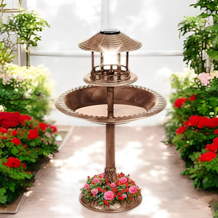 Outdoor Solar Bird Bath with Planter and LED Lamp on Stand