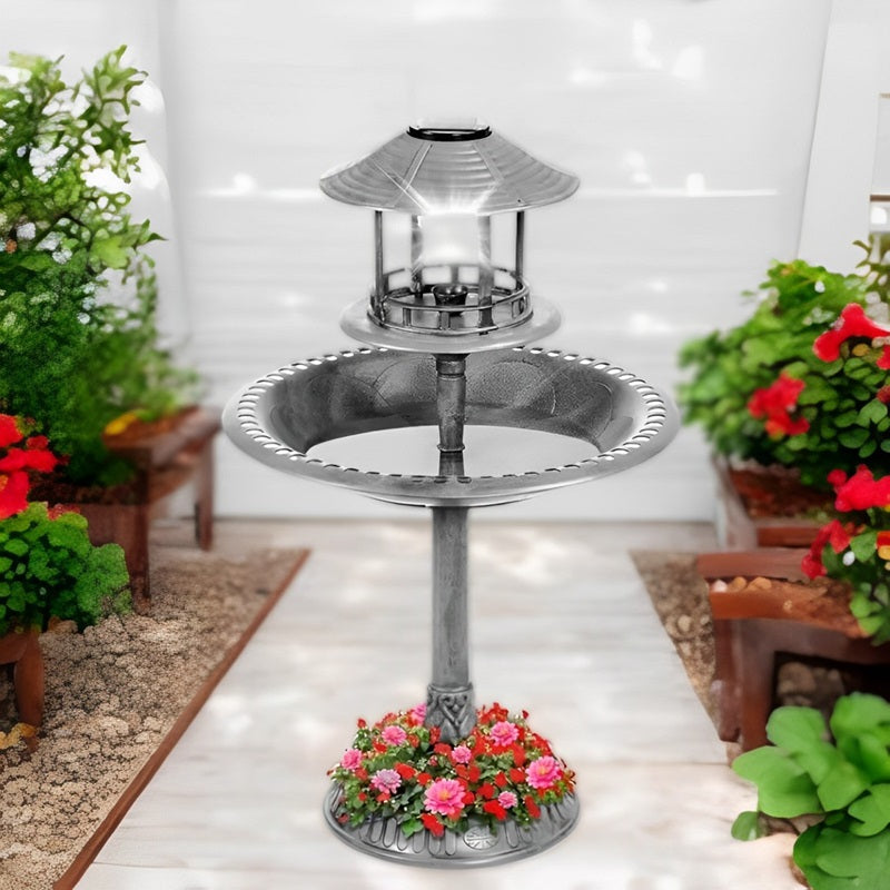 Outdoor Solar Bird Bath with Planter and LED Lamp on Stand