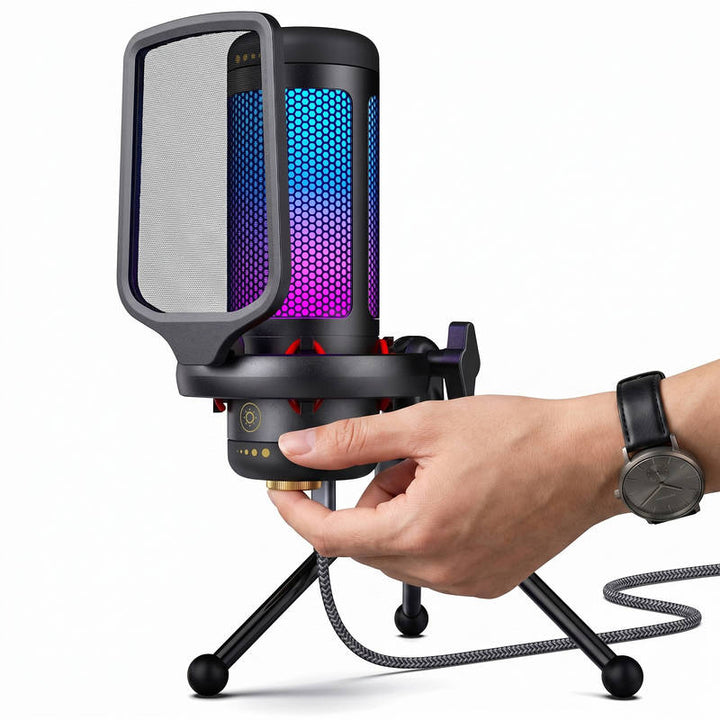 USB Gaming Microphone with RGB Lighting One Tap Mute Sound Control - Lenila