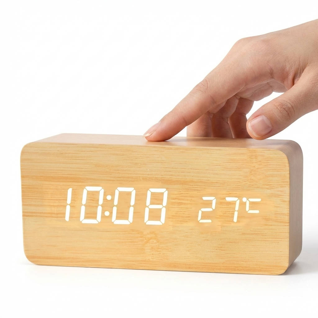 Digital Wooden Alarm Clock with Sound Control and LED Display - Lenila