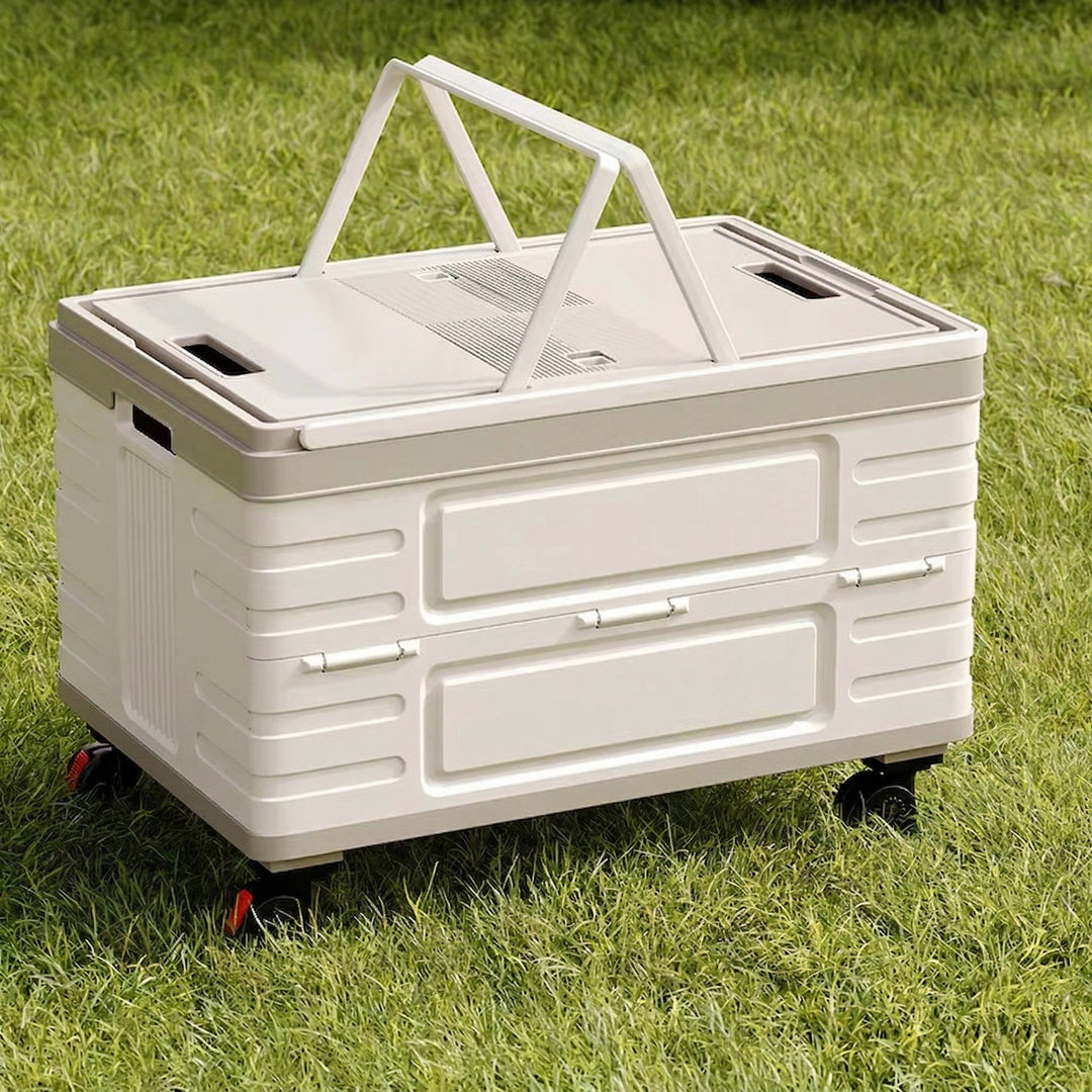 Portable Outdoor Storage Box with Wood Lid Foldable Rolling Cart
