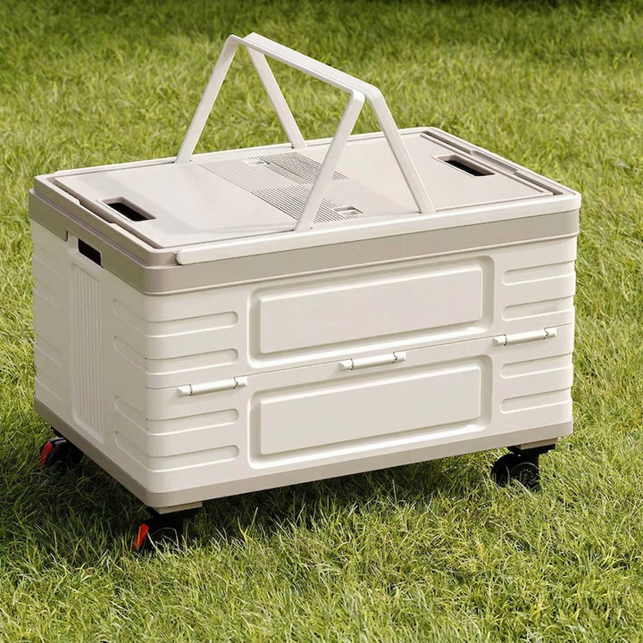 Portable Outdoor Storage Box with Wood Lid Foldable Rolling Cart