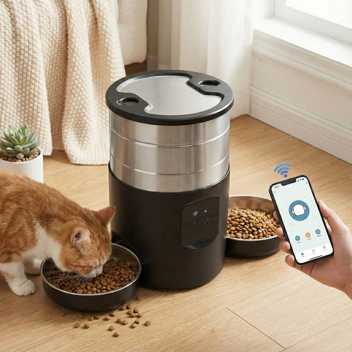 Automatic Cat Feeder with WiFi and Stainless Steel Bowls - Lenila