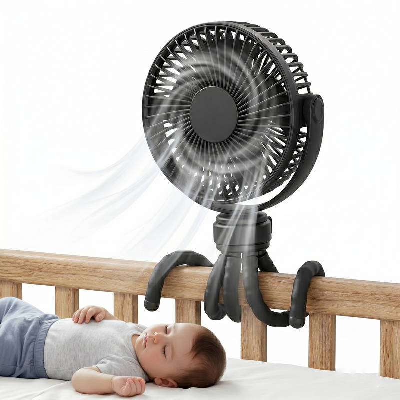 Portable Baby Stroller Fan USB Rechargeable Quiet Clip-On with LED