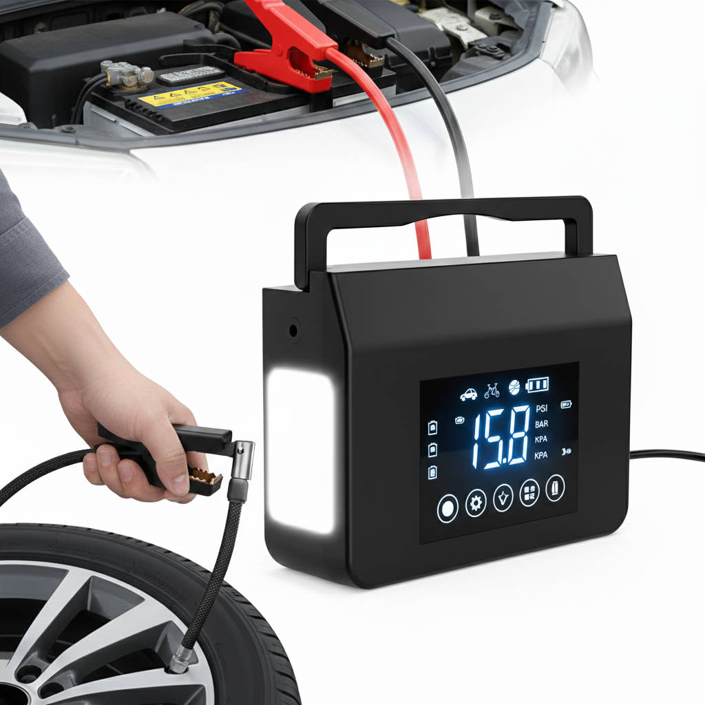 Portable Car Jump Starter with Tire Air Compressor Digital Display