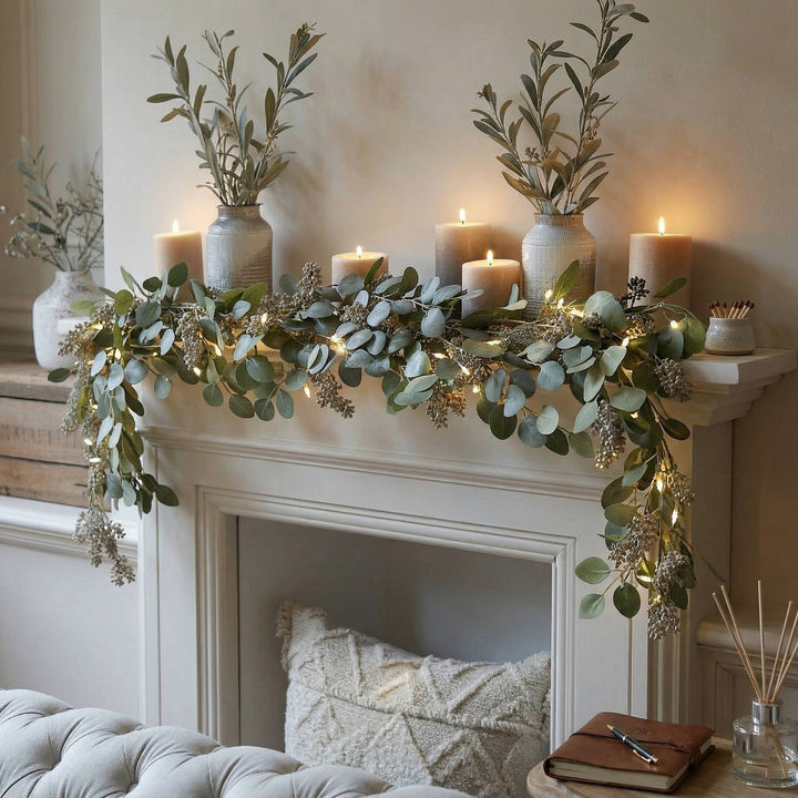 Decorative Eucalyptus Garland with Fairy Lights for Mantel