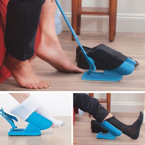 Sock Helper with Extended Handle and Built-In Shoe Horn Aid