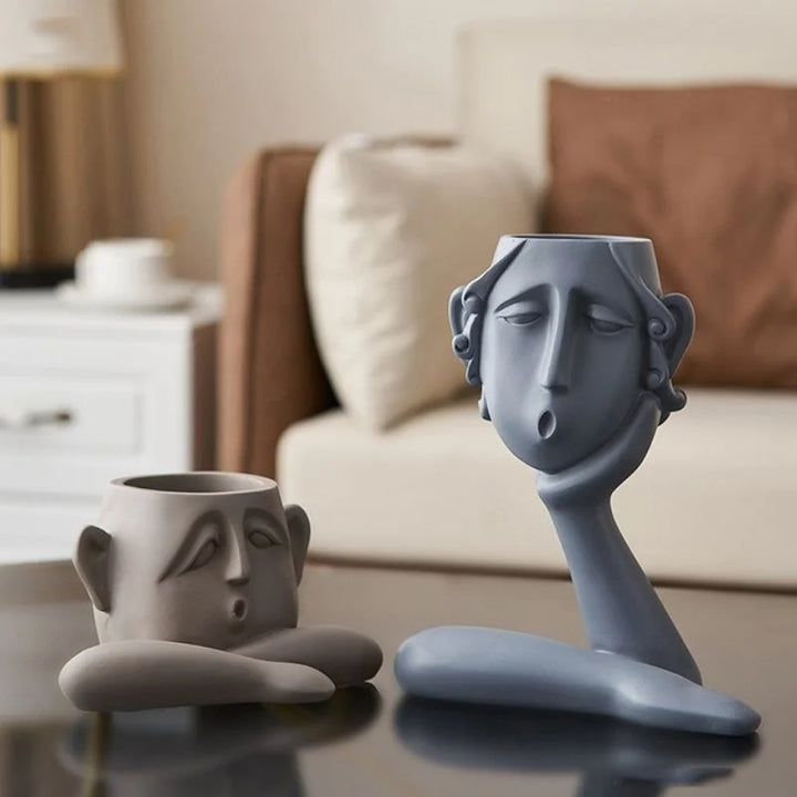 Decorative Ceramic Face Vase Set Textured Matte Finish Wide Opening