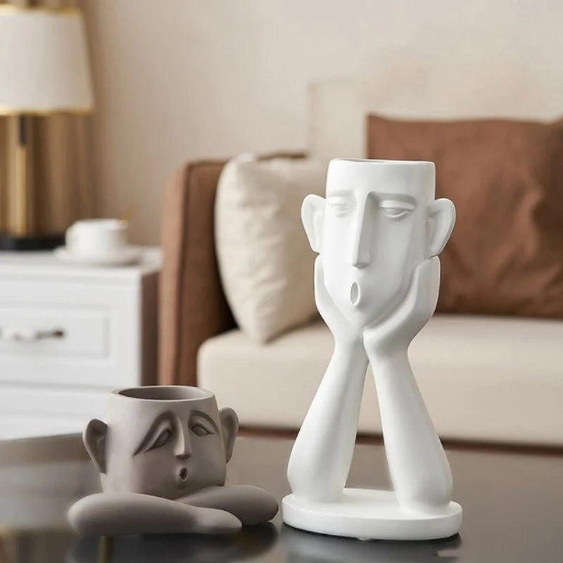 Decorative Ceramic Face Vase Set Textured Matte Finish Wide Opening