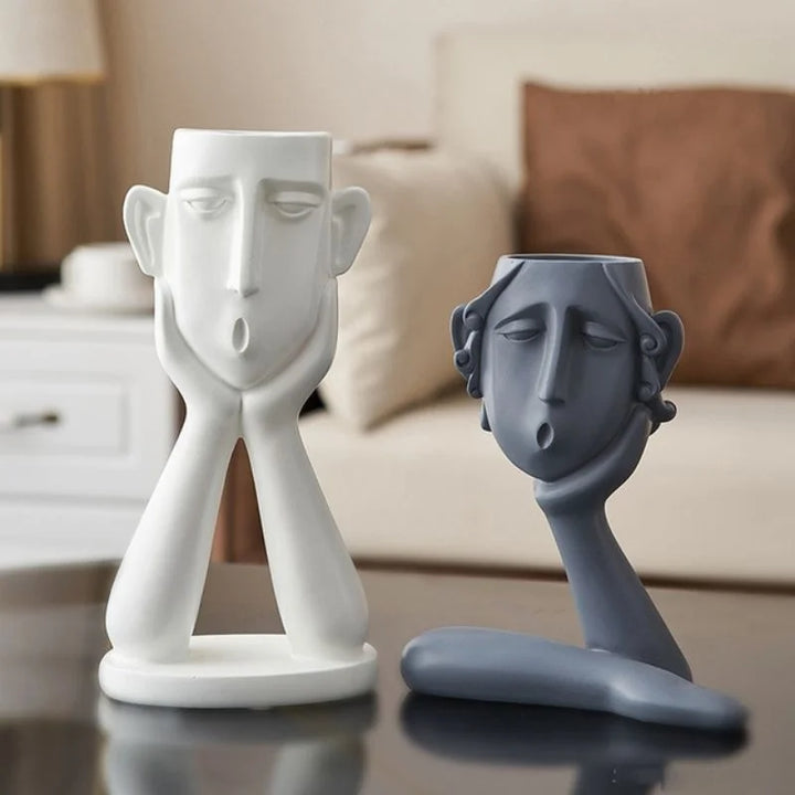 Decorative Ceramic Face Vase Set Textured Matte Finish Wide Opening