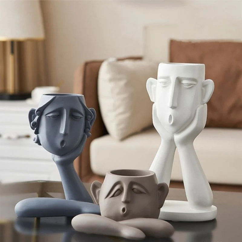 Decorative Ceramic Face Vase Set Textured Matte Finish Wide Opening