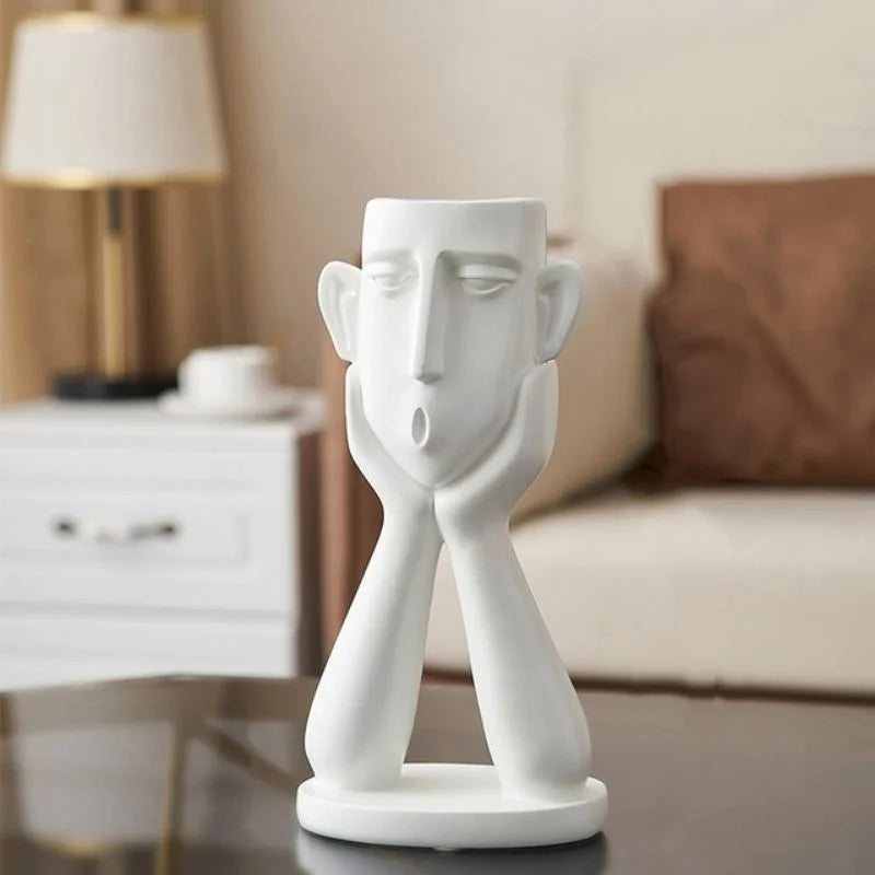 Decorative Ceramic Face Vase Set Textured Matte Finish Wide Opening