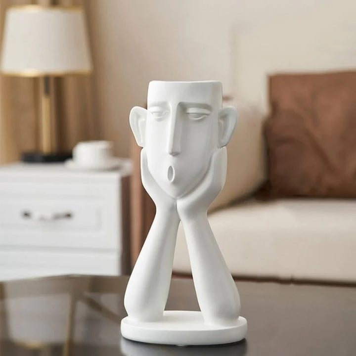 Decorative Ceramic Face Vase Set Textured Matte Finish Wide Opening