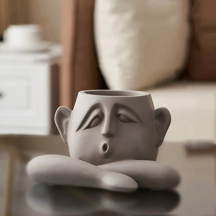 Decorative Ceramic Face Vase Set Textured Matte Finish Wide Opening