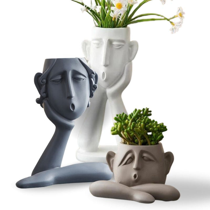 Decorative Ceramic Face Vase Set Textured Matte Finish Wide Opening - Lenila