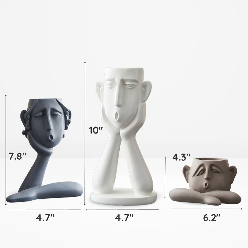 Decorative Ceramic Face Vase Set Textured Matte Finish Wide Opening