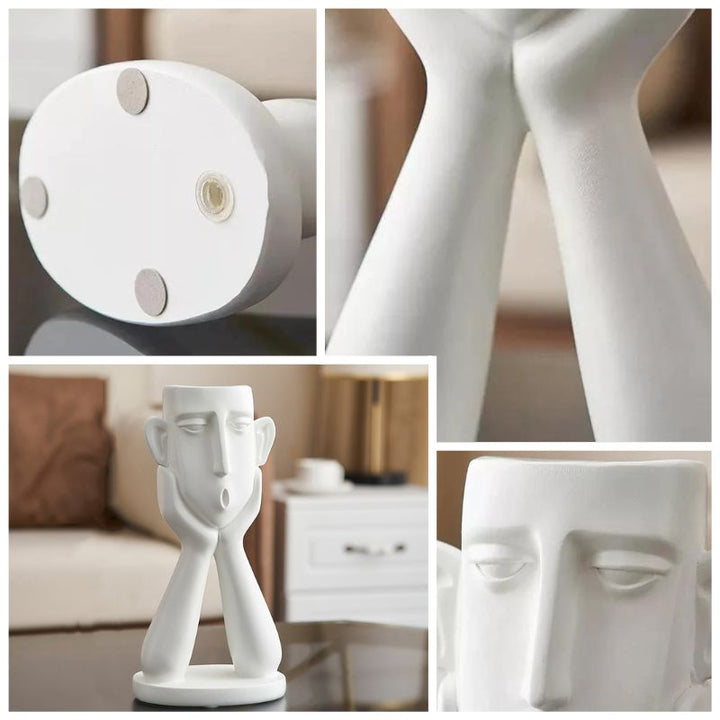 Decorative Ceramic Face Vase Set Textured Matte Finish Wide Opening