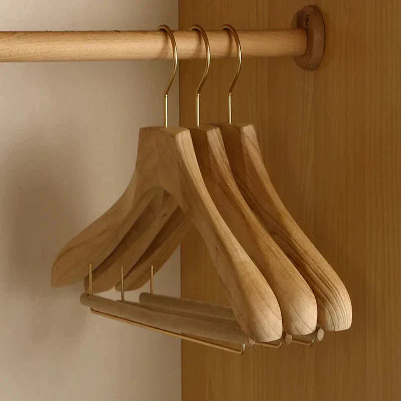 Wide Shoulder Wooden Hangers Camphor Wood Flocked Rod Set